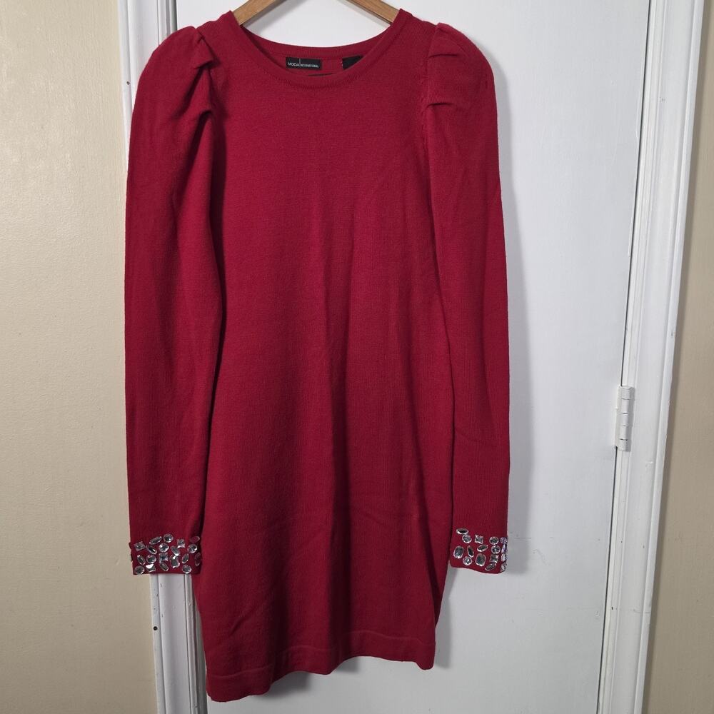 Moda Interntnl Red Merino Wool Sweater Dress Jeweled Knit Knee Length Sz M Cozy
